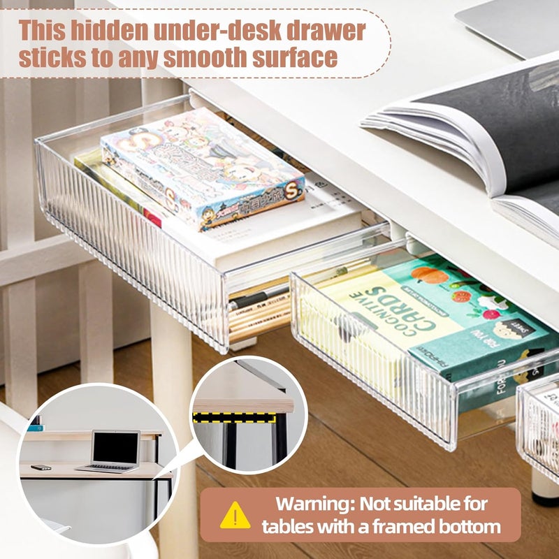 TooCust 2Pcs Under Desk Storage Drawers Slide Out,Large&Medium,Stick On Drawers,Under Desk Organizer Hidden Under Table Drawer for Home Office School Organization and Storage-Clear White - Image 5